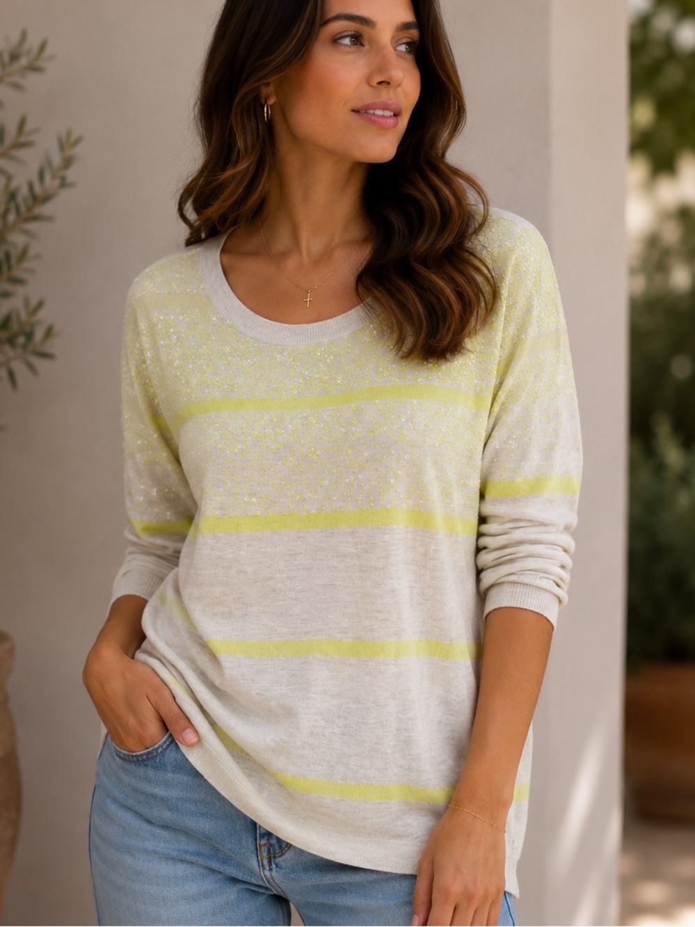 Halogen Cream and Yellow Striped Sequin Knit Top